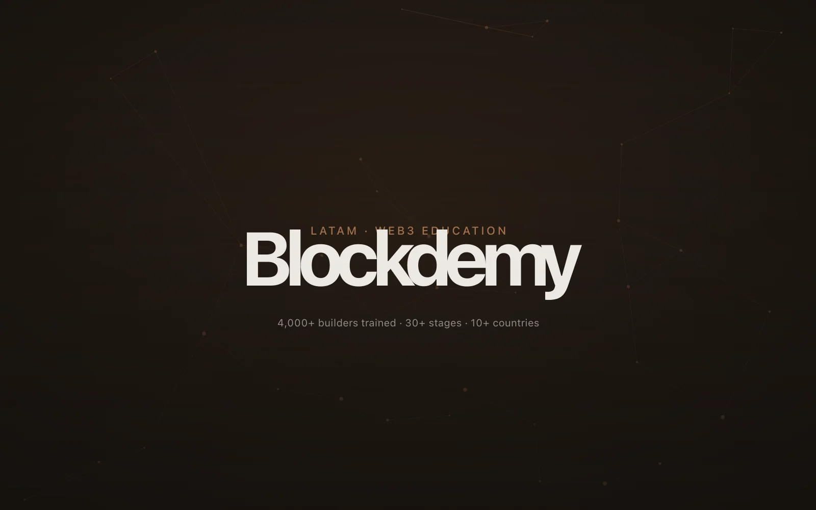 Editorial dark composition with a subtle Web3 node graph and the Blockdemy wordmark.