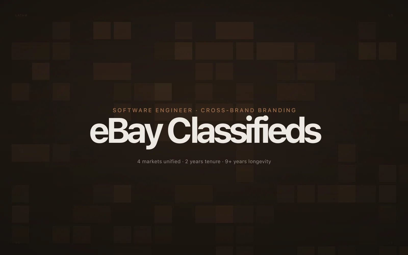 Editorial dark composition with a four-quadrant classified-listing grid evoking LATAM, US, Singapore and South Africa, anchored by the eBay Classifieds wordmark.